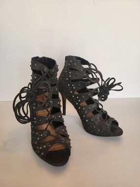 JustFab Black Studded Lace-Up Peep-Toe Heels